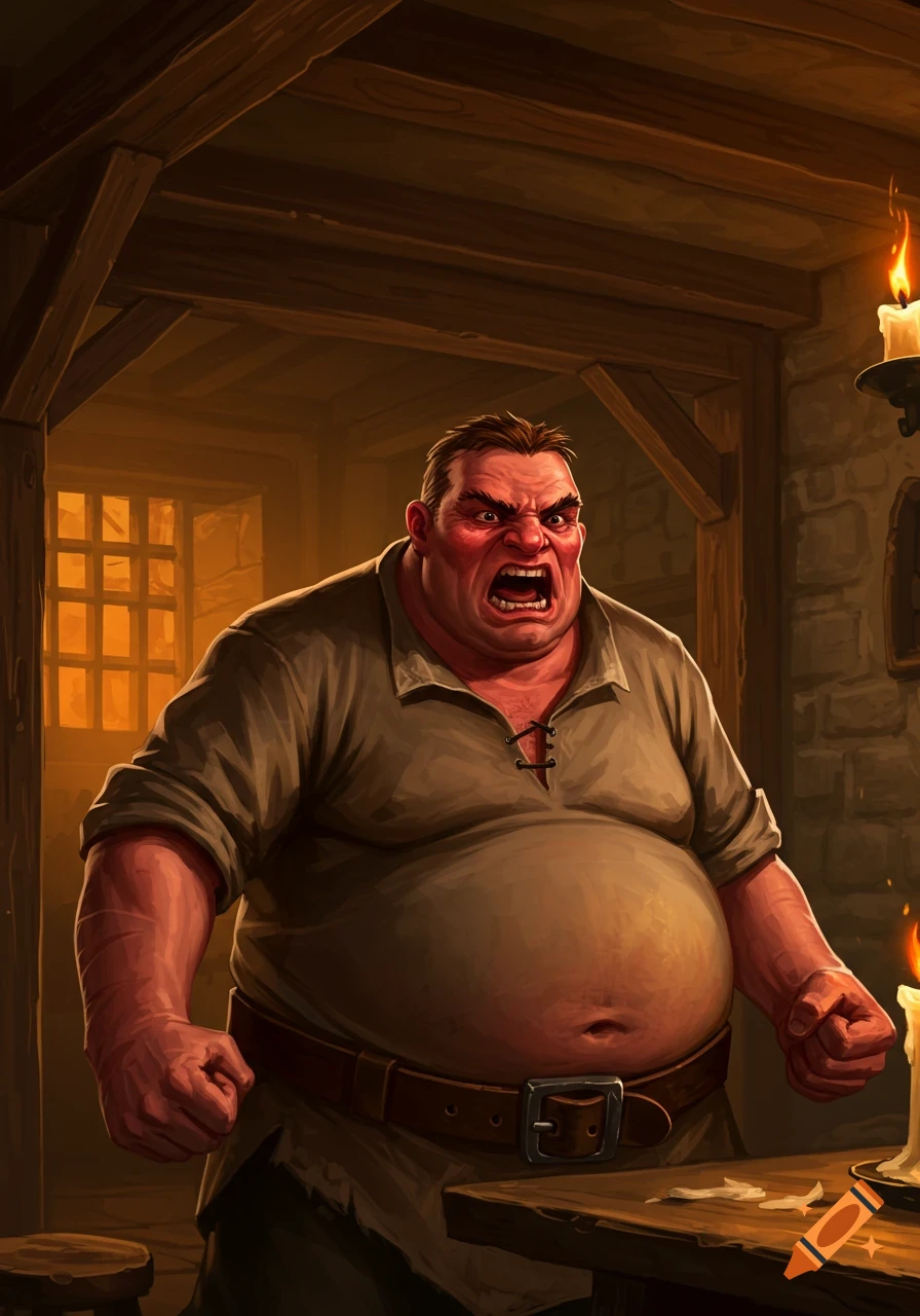 An angry, heavyset man in a brown tunic yells in a dimly lit, rustic tavern.