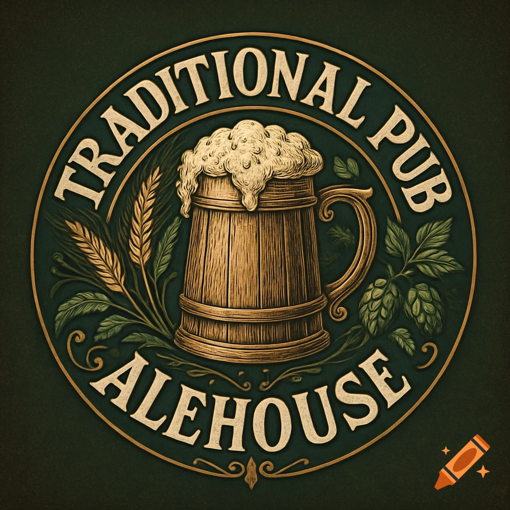Vintage-style circular logo for "Traditional Pub Alehouse" featuring a foamy wooden beer mug, wheat, and hops on a dark green background.