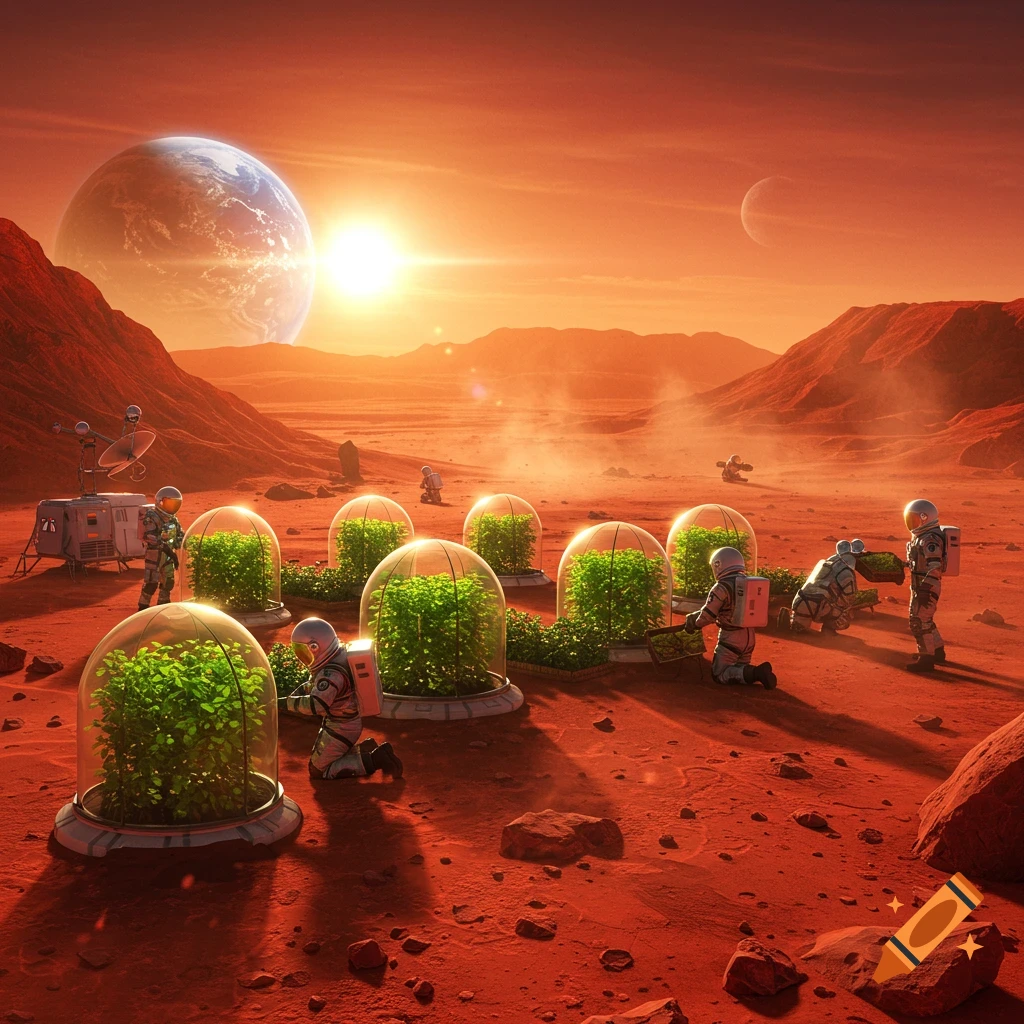 Astronauts in space suits are gardening plants under glass domes on the red surface of Mars, with Earth and a moon visible in the sky.