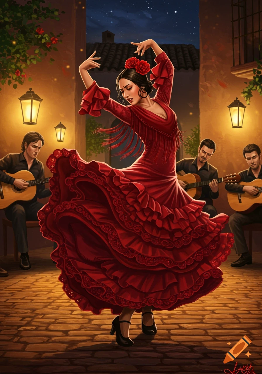 A vibrant illustration of a flamenco dancer in a flowing red dress, performing outdoors at night with guitarists playing in the background.