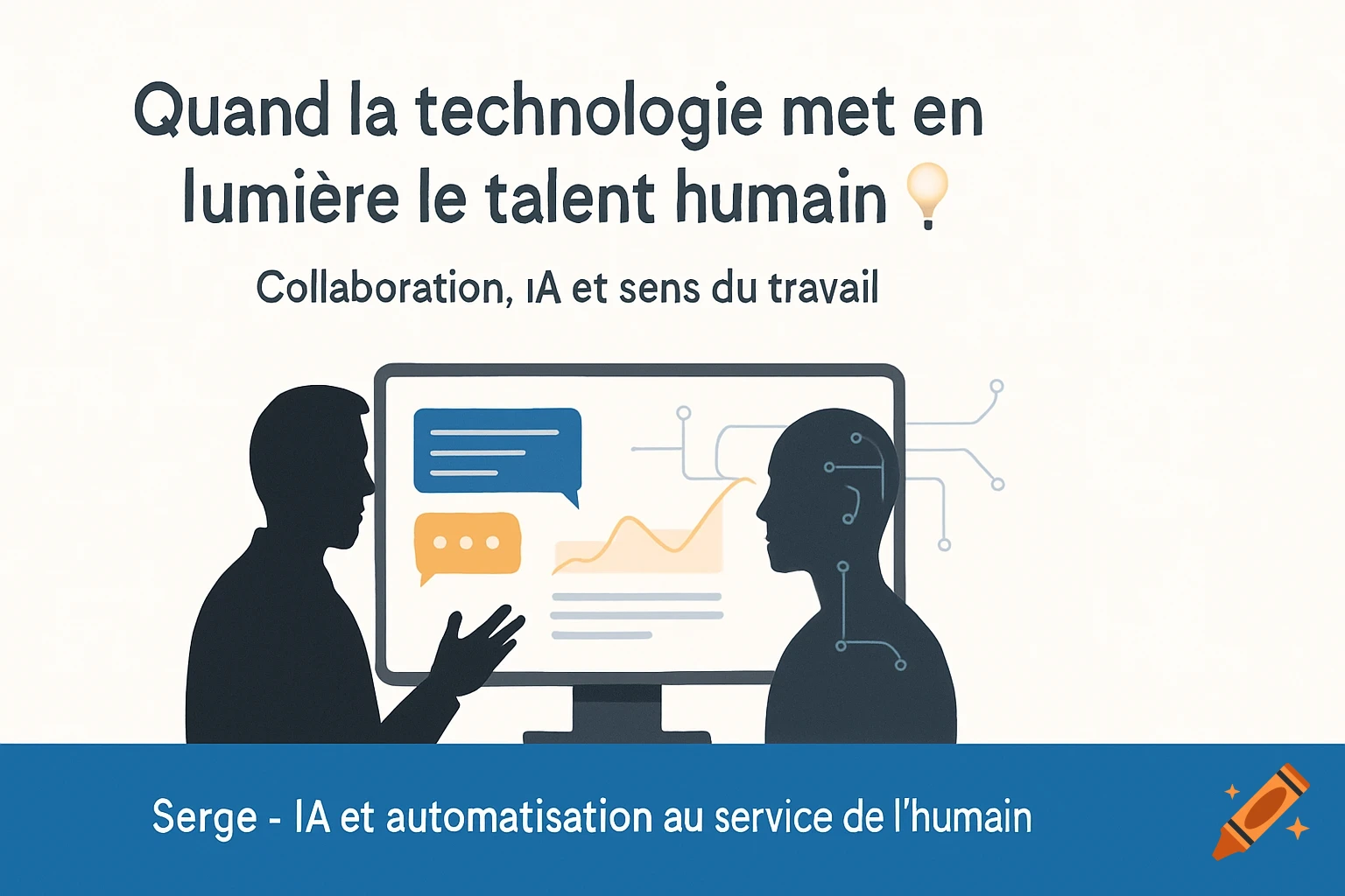 An illustration of two silhouettes discussing around a computer, with text about technology, human talent, and AI collaboration.