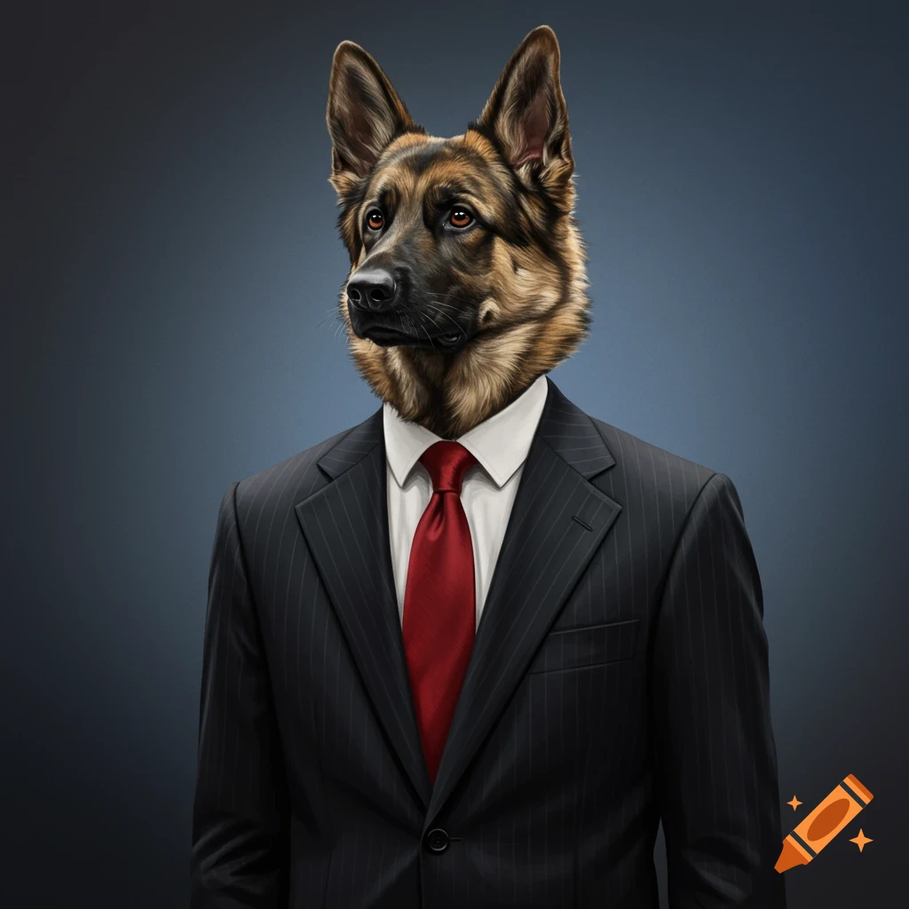 A photorealistic German Shepherd's head on a body wearing a dark pinstripe suit and a red tie, against a dark blue background.