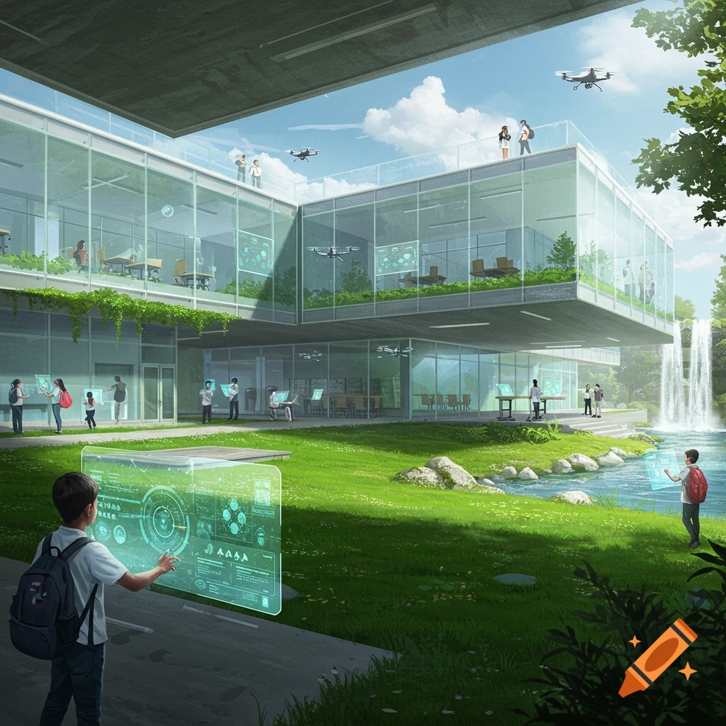 A modern, eco-friendly futuristic school campus with glass buildings, lush green lawns, waterfalls, and students interacting with holographic screens and drones flying overhead.