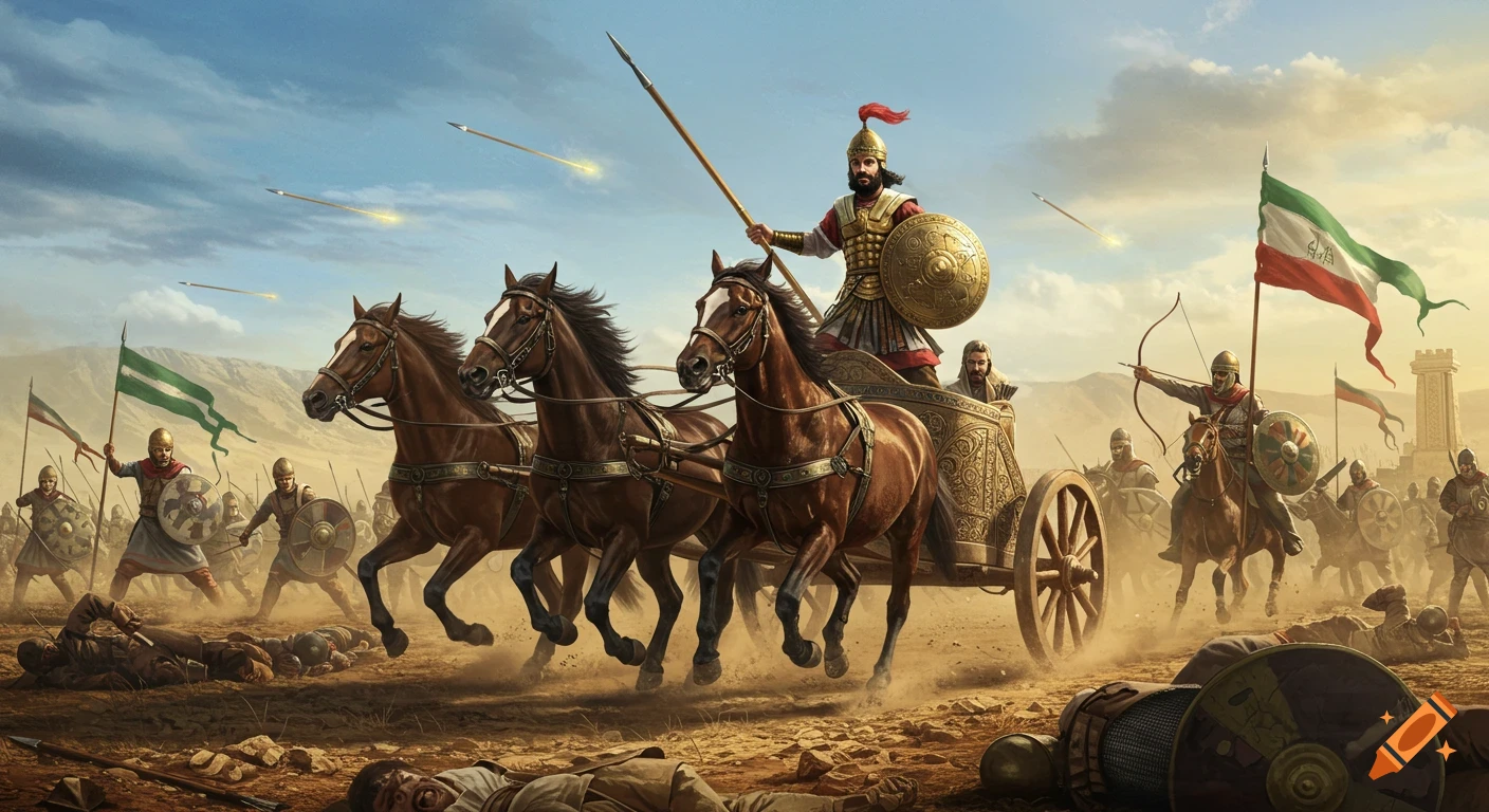 A hyper-realistic cinematic painting of Persian commander Ariobarzanes on a chariot leading a fierce battle, with soldiers and arrows flying in a desert.