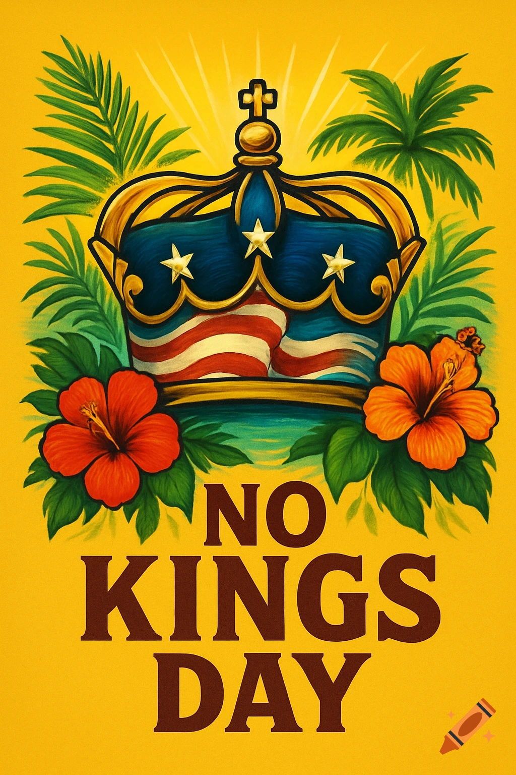A vibrant yellow poster features a crown with American flag colors, flanked by tropical leaves and red hibiscus flowers. Text reads 'NO KINGS DAY'.