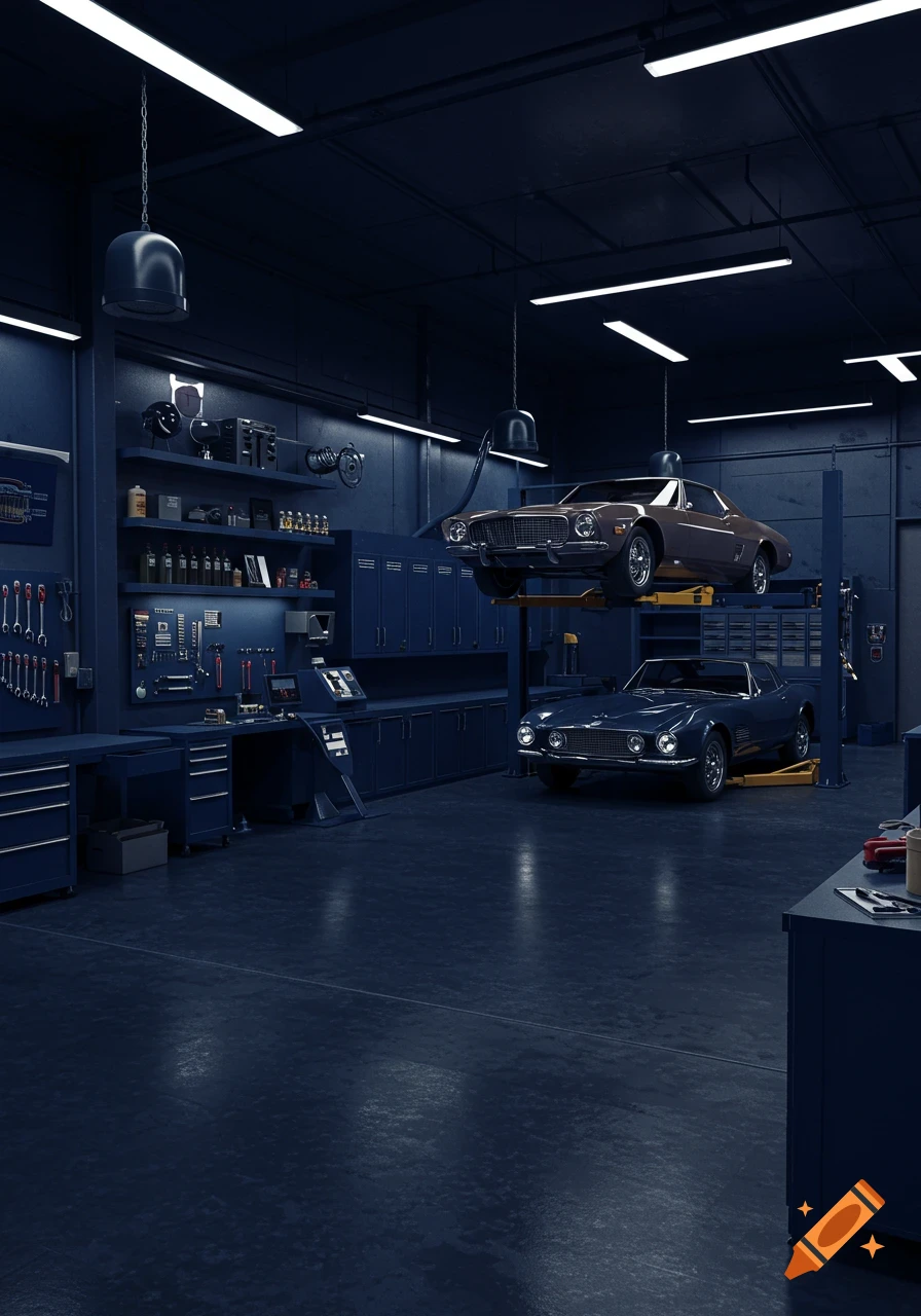 A premium mechanic workshop with a navy blue paint scheme, featuring two classic cars, one on a hydraulic lift and one on the floor, surrounded by tools and equipment.