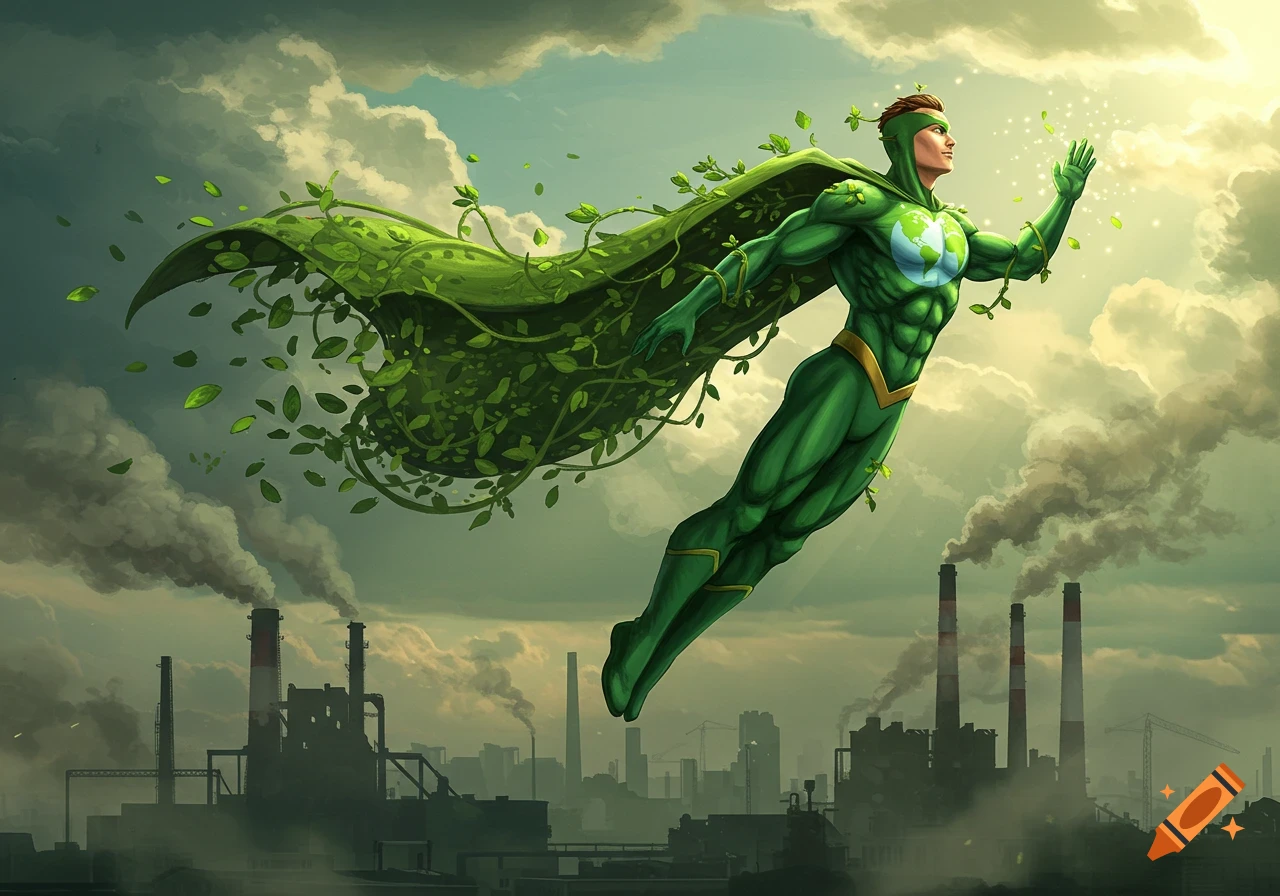 A green superhero with an Earth emblem and a flowing leaf cape flies above a smoky industrial city under a bright, cloudy sky.