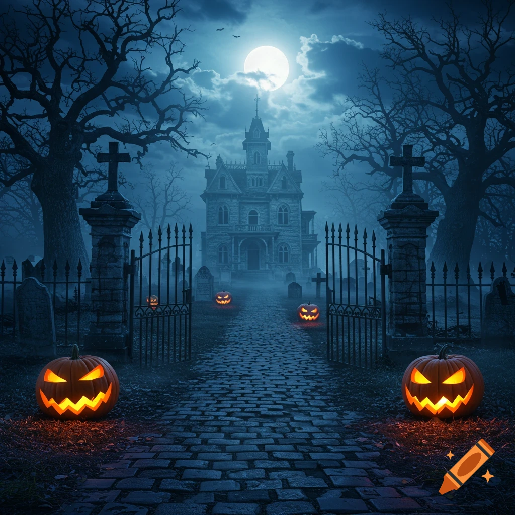 A spooky, foggy Halloween night scene with a haunted mansion, graveyard, and glowing jack-o'-lanterns under a full moon.