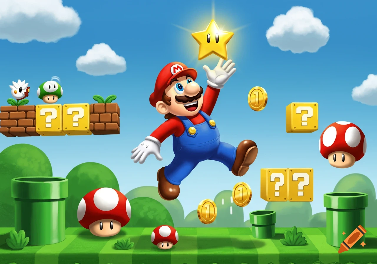 Super Mario jumps in a bright 2D platformer scene with a shining star, coins, question blocks, mushrooms, and pipes.