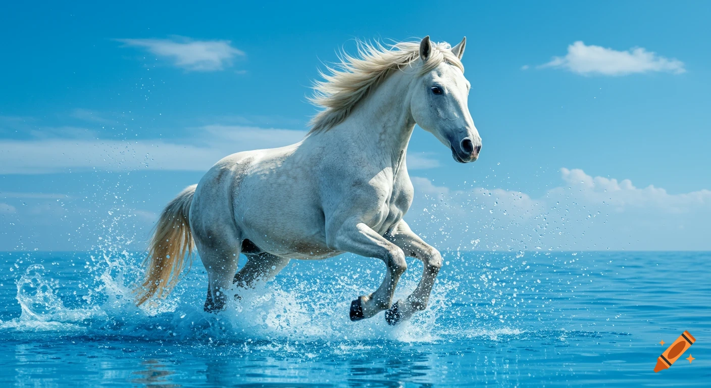 A majestic white horse gallops through bright blue water, creating splashes under a clear blue sky, in a highly realistic style.