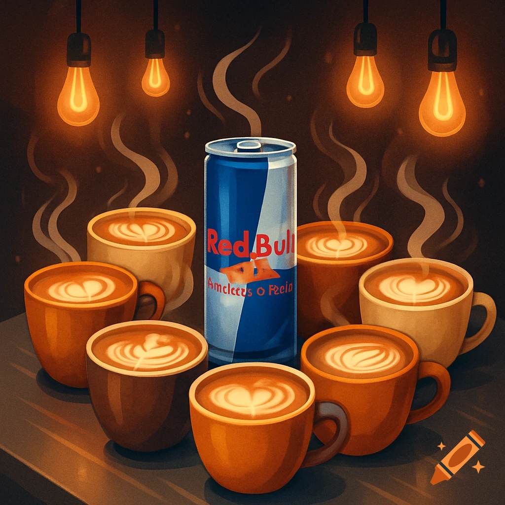 An illustration showing a blue Red Bull can surrounded by seven steaming coffee cups with latte art, under warm hanging light bulbs.