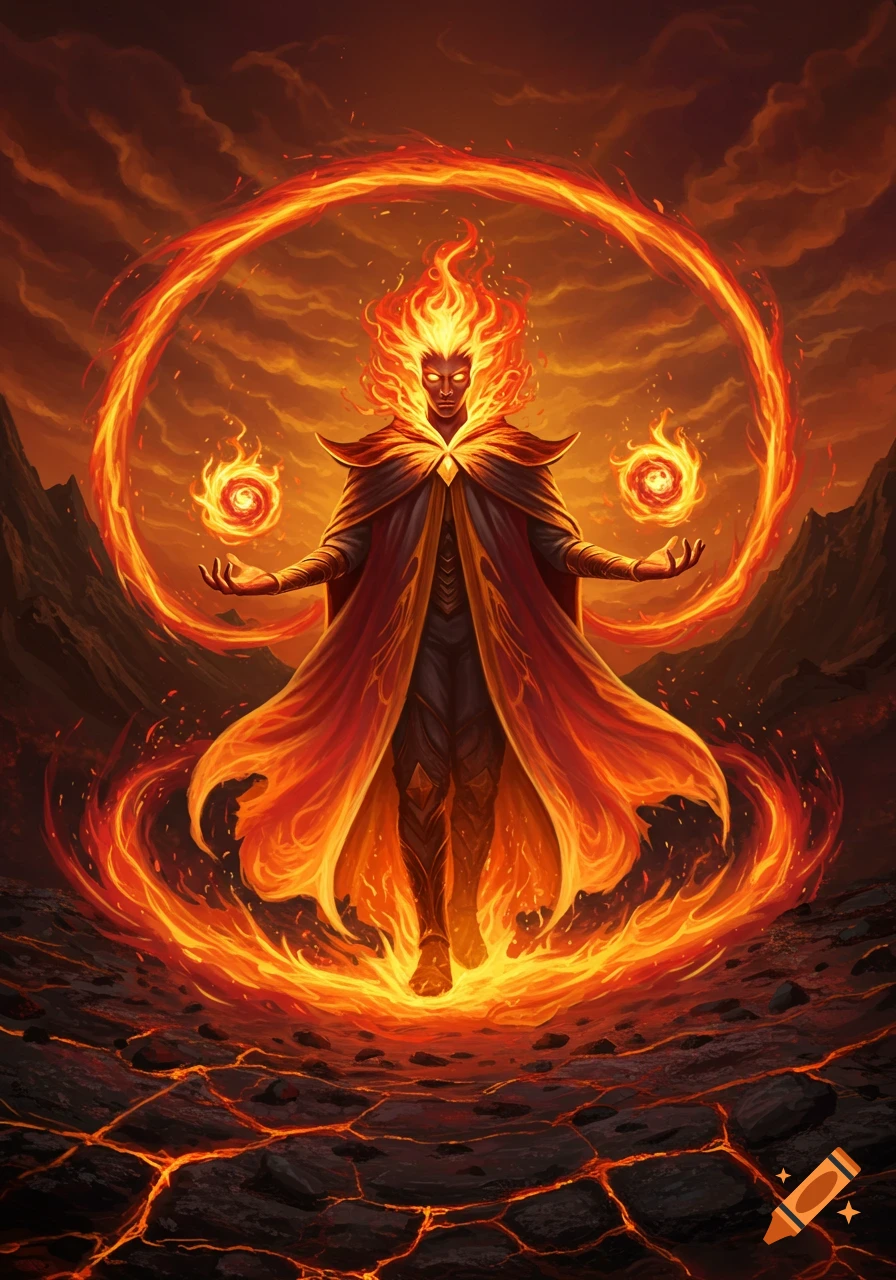 A powerful fire mage with flaming hair and cloak stands in a lava landscape, conjuring fire within a ring of flames.