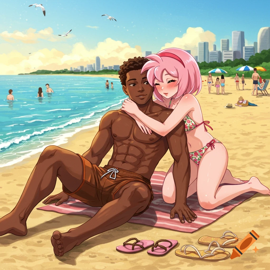 An anime illustration of a diverse couple, a man and a woman with pink hair, embracing on a beach with a city skyline.
