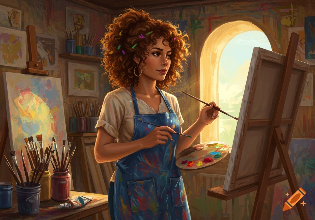 A curly-haired woman in an apron paints on an easel in a sunlit art studio, holding a brush and a palette.