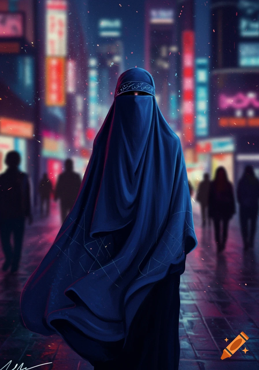 A person in a flowing dark blue burqa walks down a neon-lit city street at night, with blurred figures in the background.