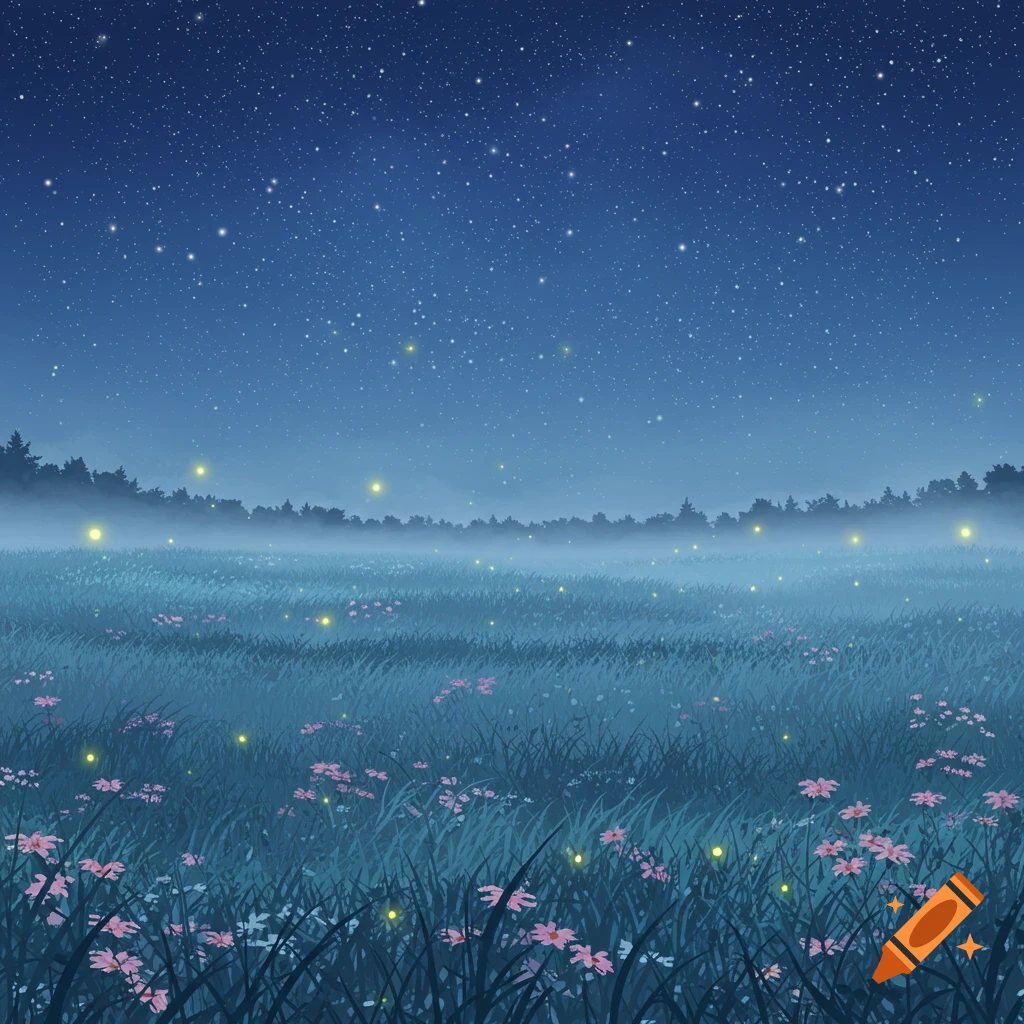 A tranquil night meadow with glowing fireflies and pink flowers under a clear, star-filled sky, digital art.