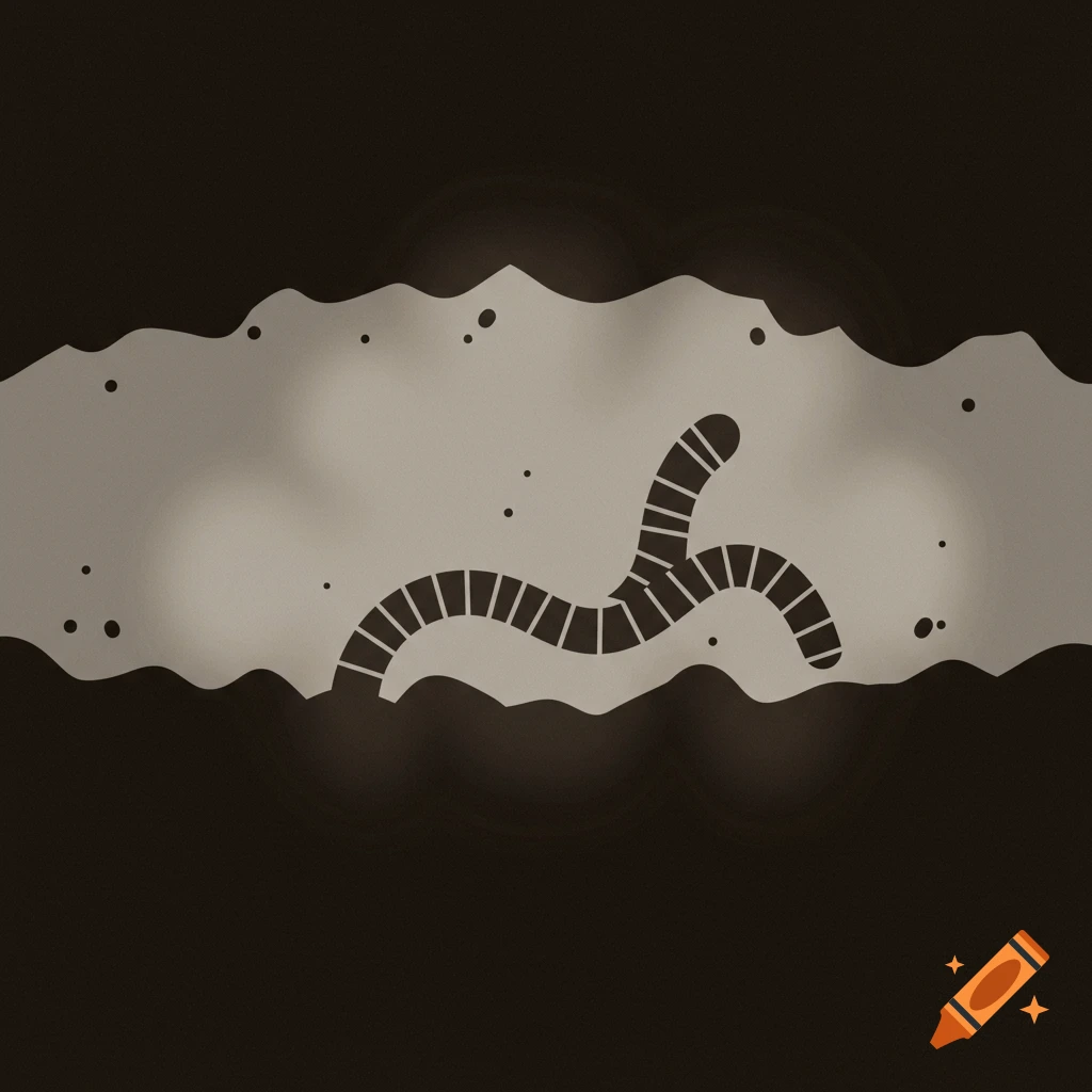 A pictogram of a segmented earthworm burrowing through damp, dark soil.