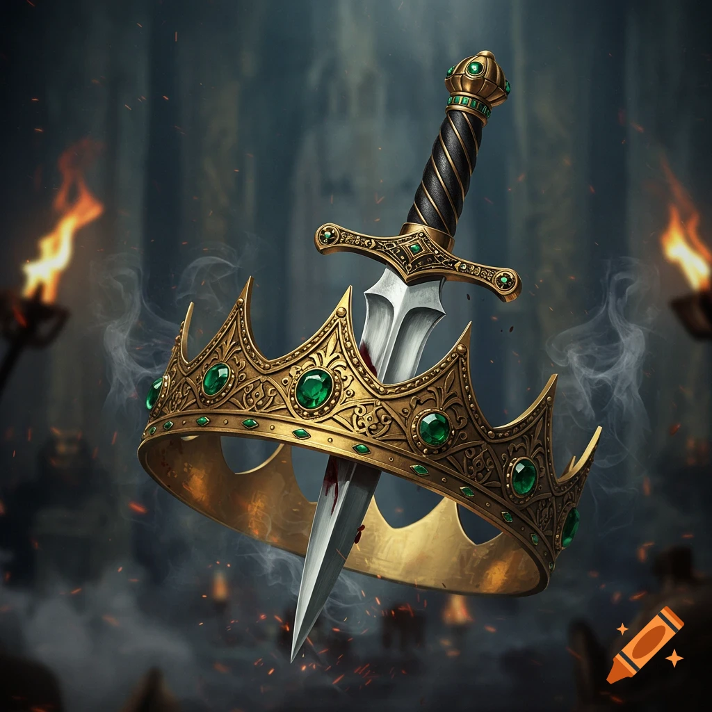 A golden crown adorned with emeralds, pierced by a blood-stained silver dagger, against a dark, smoky, fiery backdrop.
