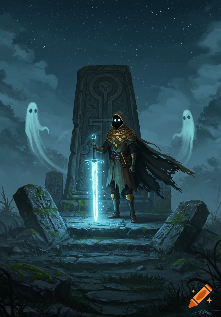 A hooded figure with glowing eyes stands before an ancient stone monument, holding a glowing blue sword, flanked by two ethereal ghosts in a dark, mystical landscape.