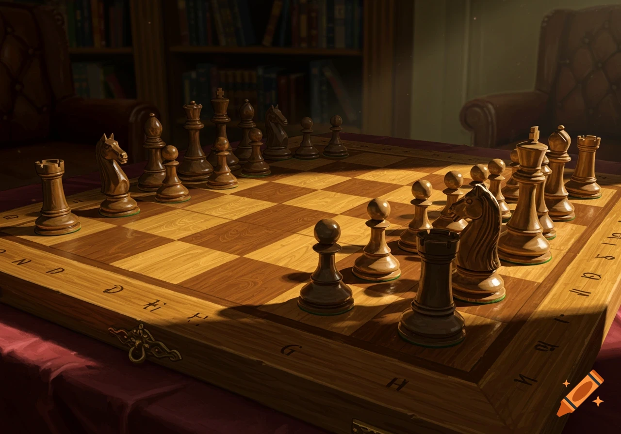 A wooden chessboard with brown chess pieces set up for a game, lit by warm sunlight, in a dimly lit library setting.