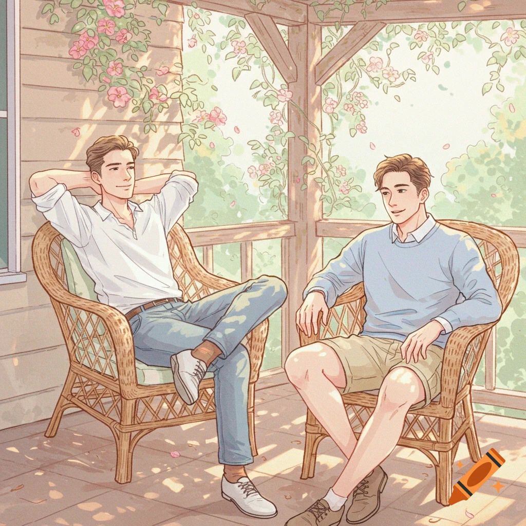 A pastel drawing of two men relaxing in wicker chairs on a sunny porch adorned with pink flowers and greenery.