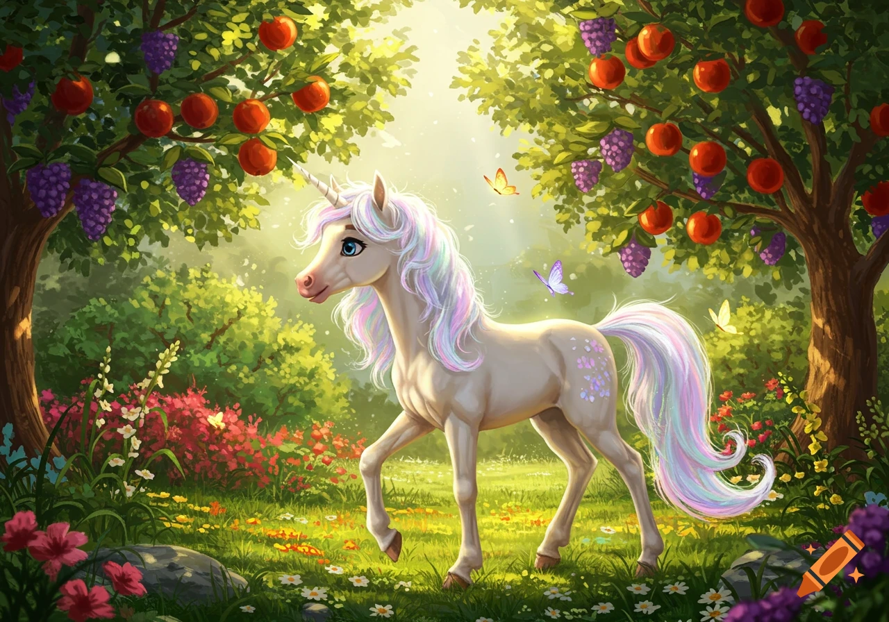 A happy unicorn with a rainbow mane walks through a magical forest filled with fruit trees, flowers, and butterflies.