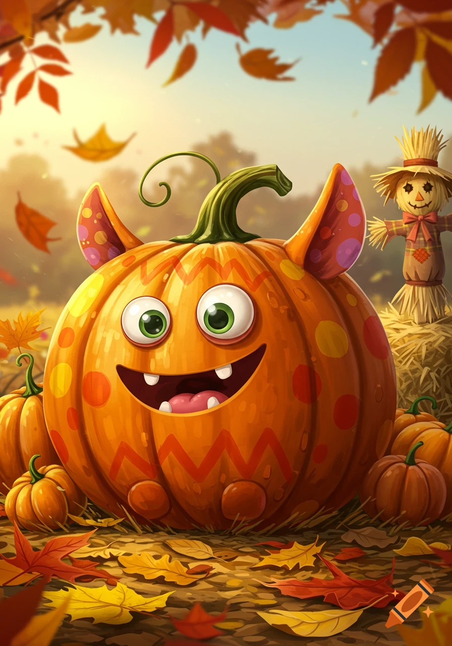 A friendly monster pumpkin with big green eyes and a wide smile, in an autumn field with falling leaves and a scarecrow.