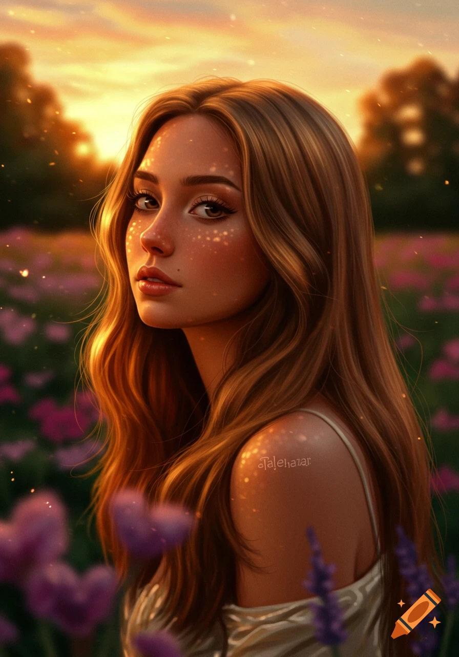 A young woman with long wavy brown hair, looking over her shoulder, stands in a field of purple flowers at sunset with golden sparkles on her skin. Stylized digital art.