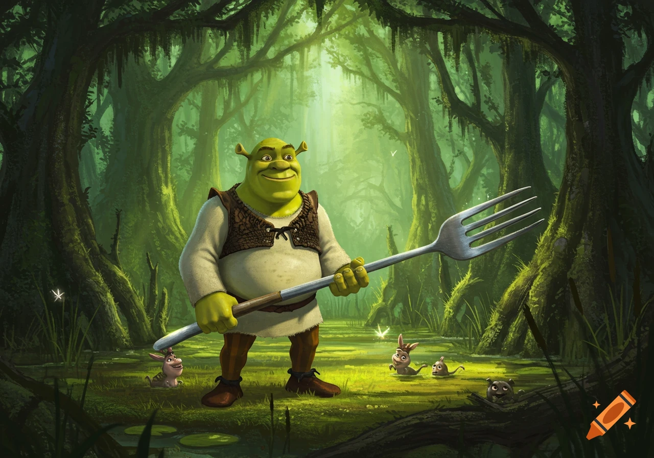 Shrek stands in a lush, green swamp holding a giant fork, with small creatures around him.