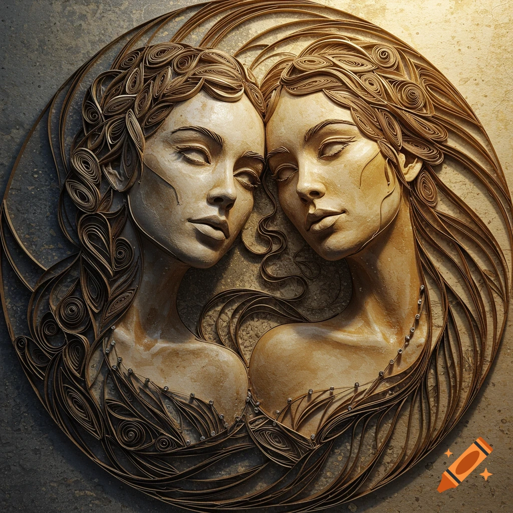 Two golden-toned women's faces in a Yin-Yang composition, rendered in an intricate sculptural style with string art and quilling textures.