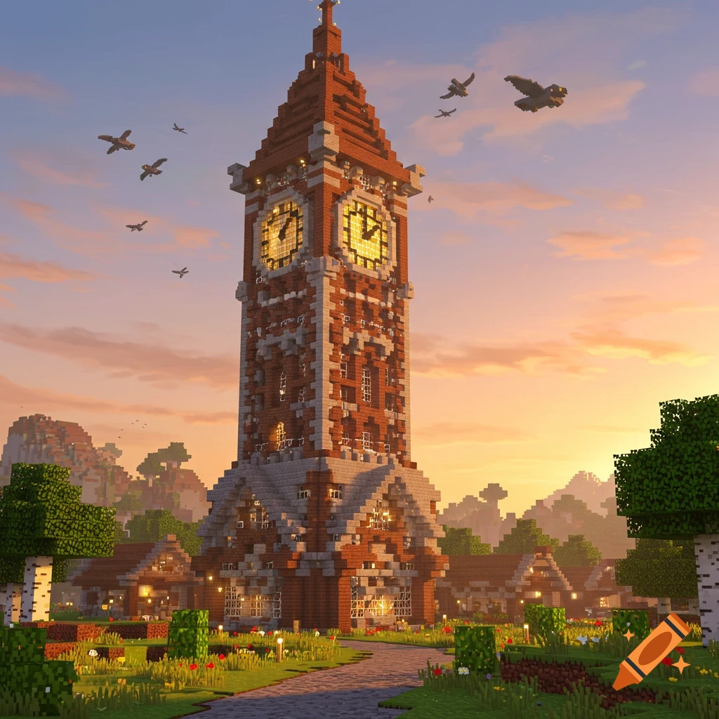 A detailed Minecraft-style clock tower made of brick and stone, standing tall in a blocky village at sunset with birds flying.