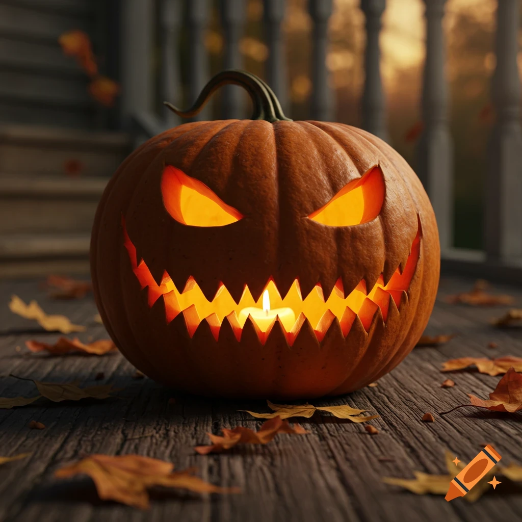 A photorealistic carved Halloween pumpkin with a scary glowing face and candle inside, on a wooden porch with autumn leaves.
