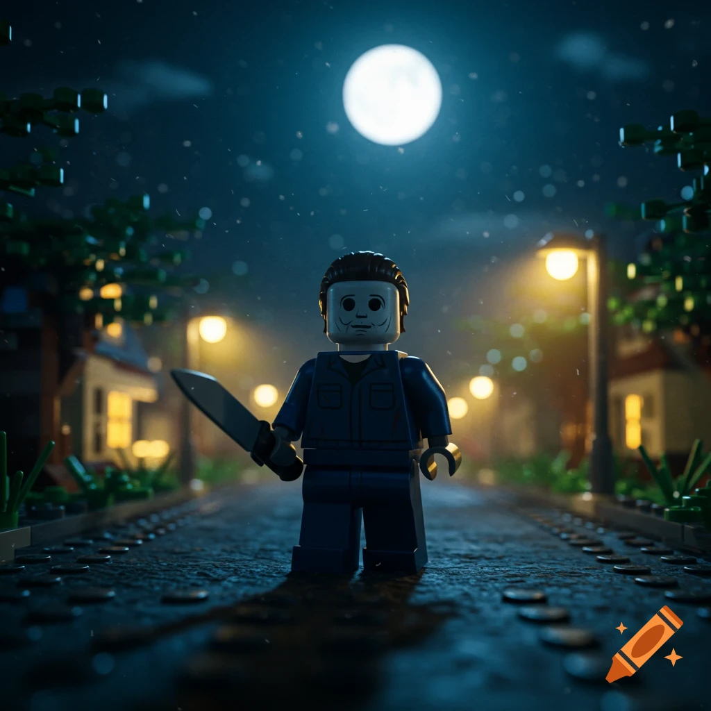 Lego Michael Myers minifigure holding a knife on a wet suburban street at night under a full moon.