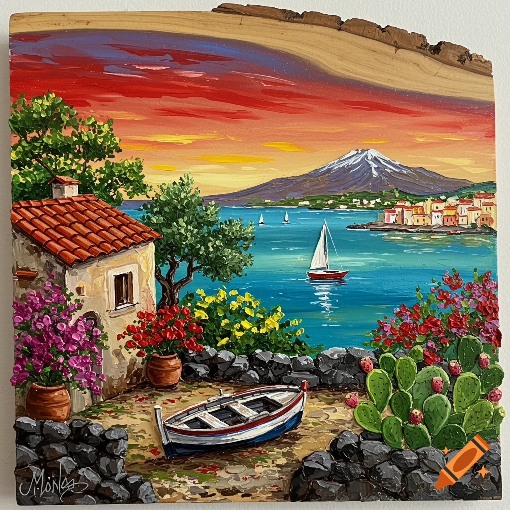 Vibrant Mediterranean landscape painting on wood, featuring a rustic house, boat, colorful flowers, and Mount Etna under a vivid sunset.