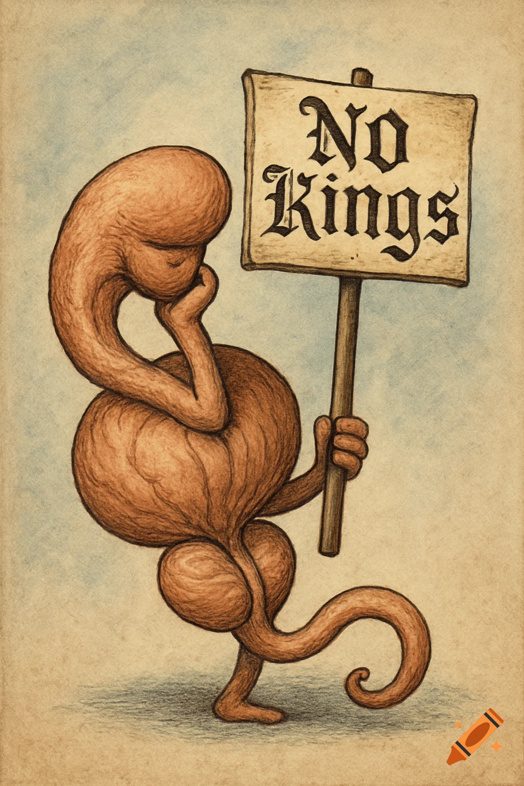 A brown, stylized figure resembling a prostate gland holds a sign that reads 'No Kings' in a vintage illustration style.