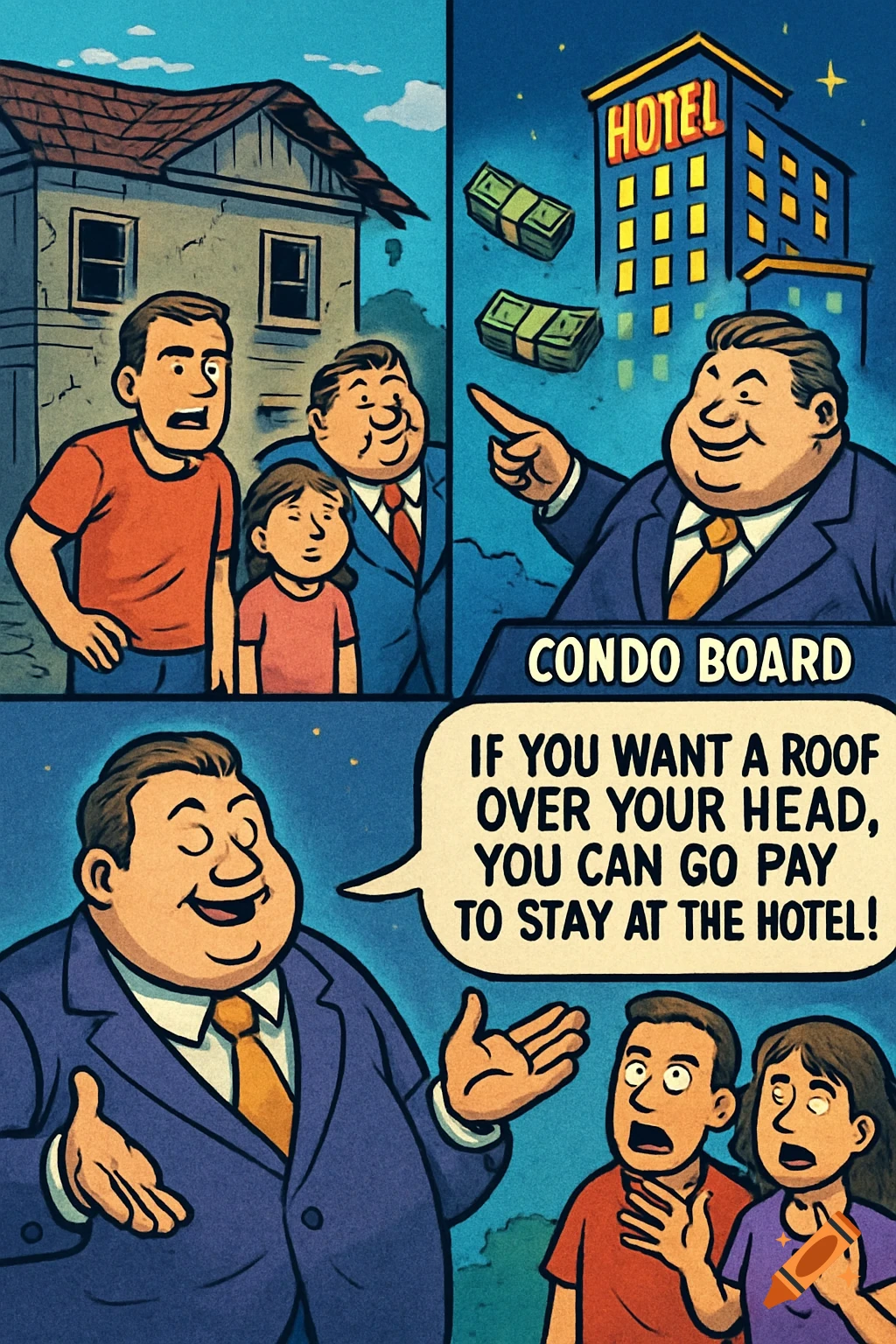 A political cartoon depicts a condo board official telling a distressed family to pay for a hotel as their home's roof collapses.