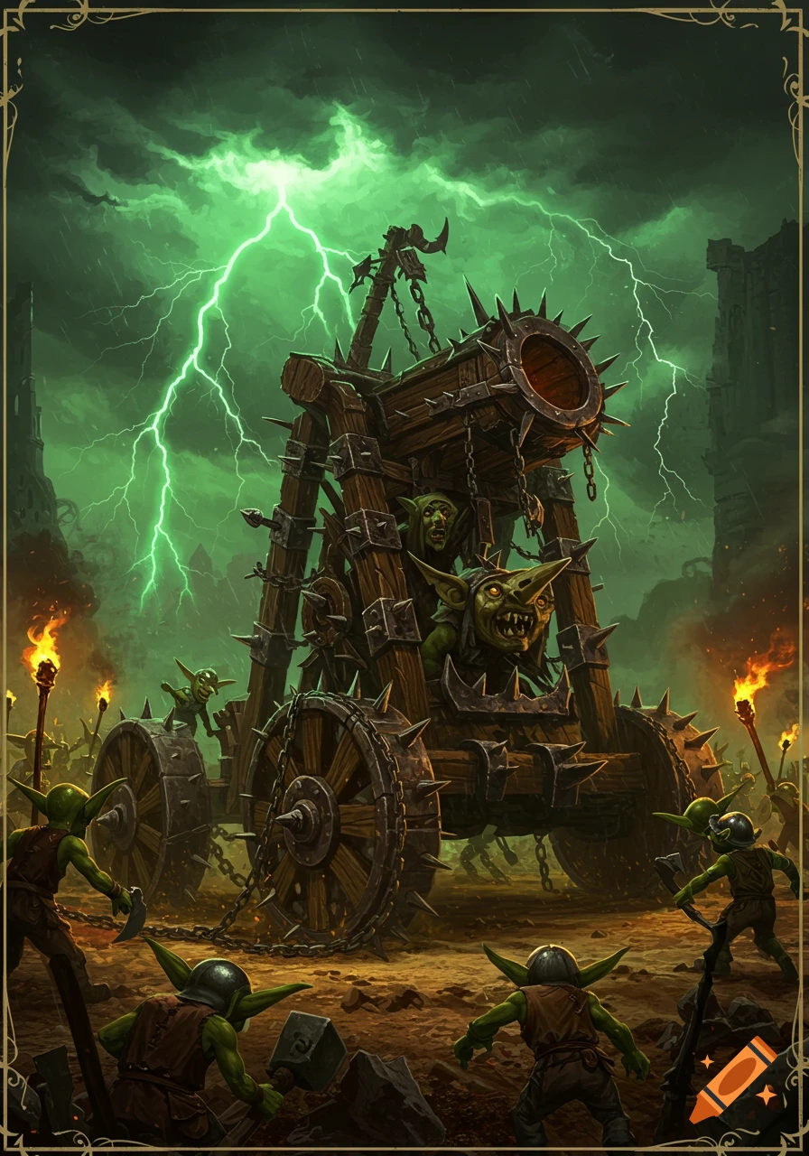A fantasy scene of goblins operating a large, spiked wooden siege engine under a stormy, green lightning-filled sky, with more goblins on the ground carrying torches and weapons.