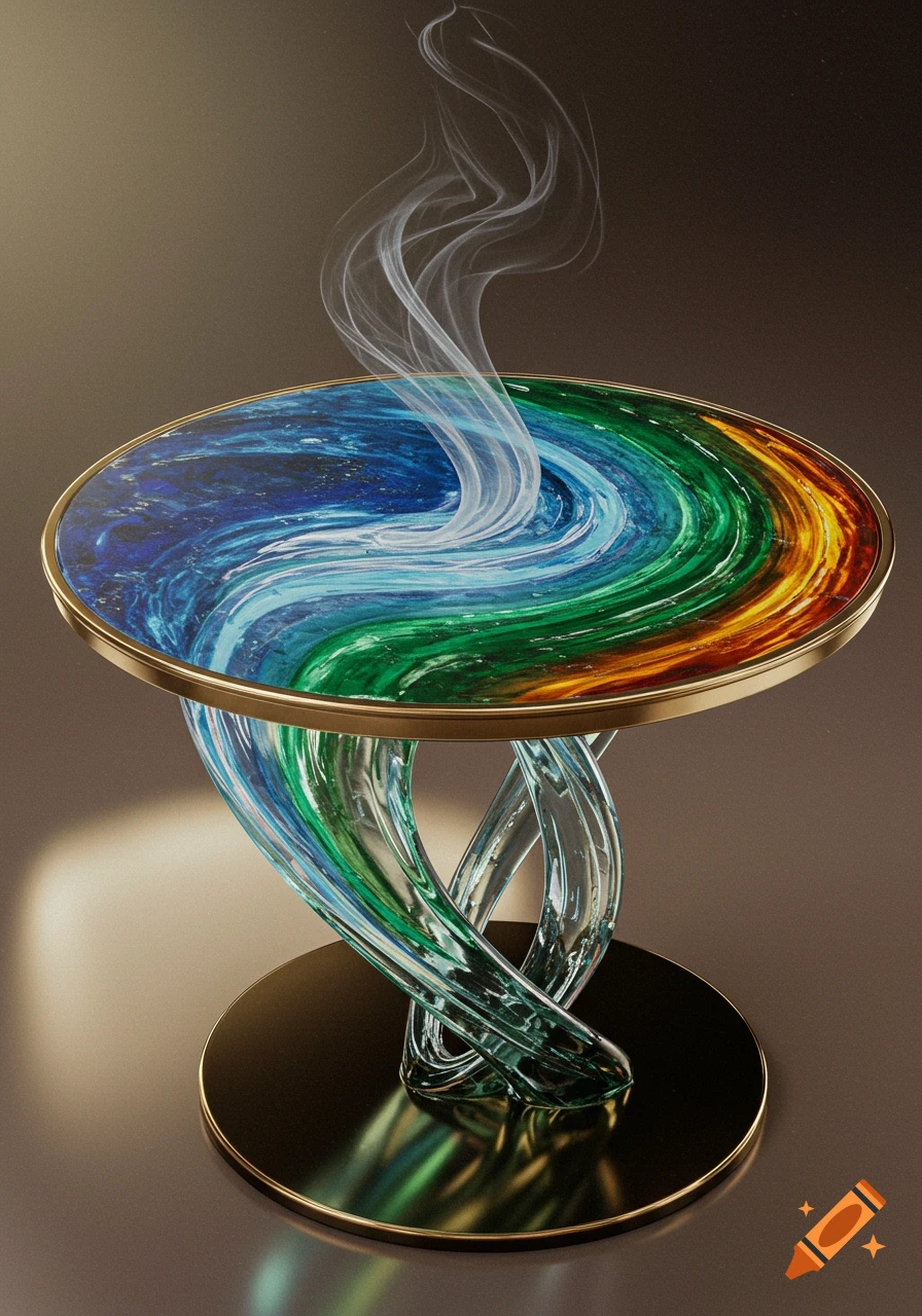 A modern table with a swirling blue, green, and orange abstract top, clear twisted glass legs, and rising smoke.