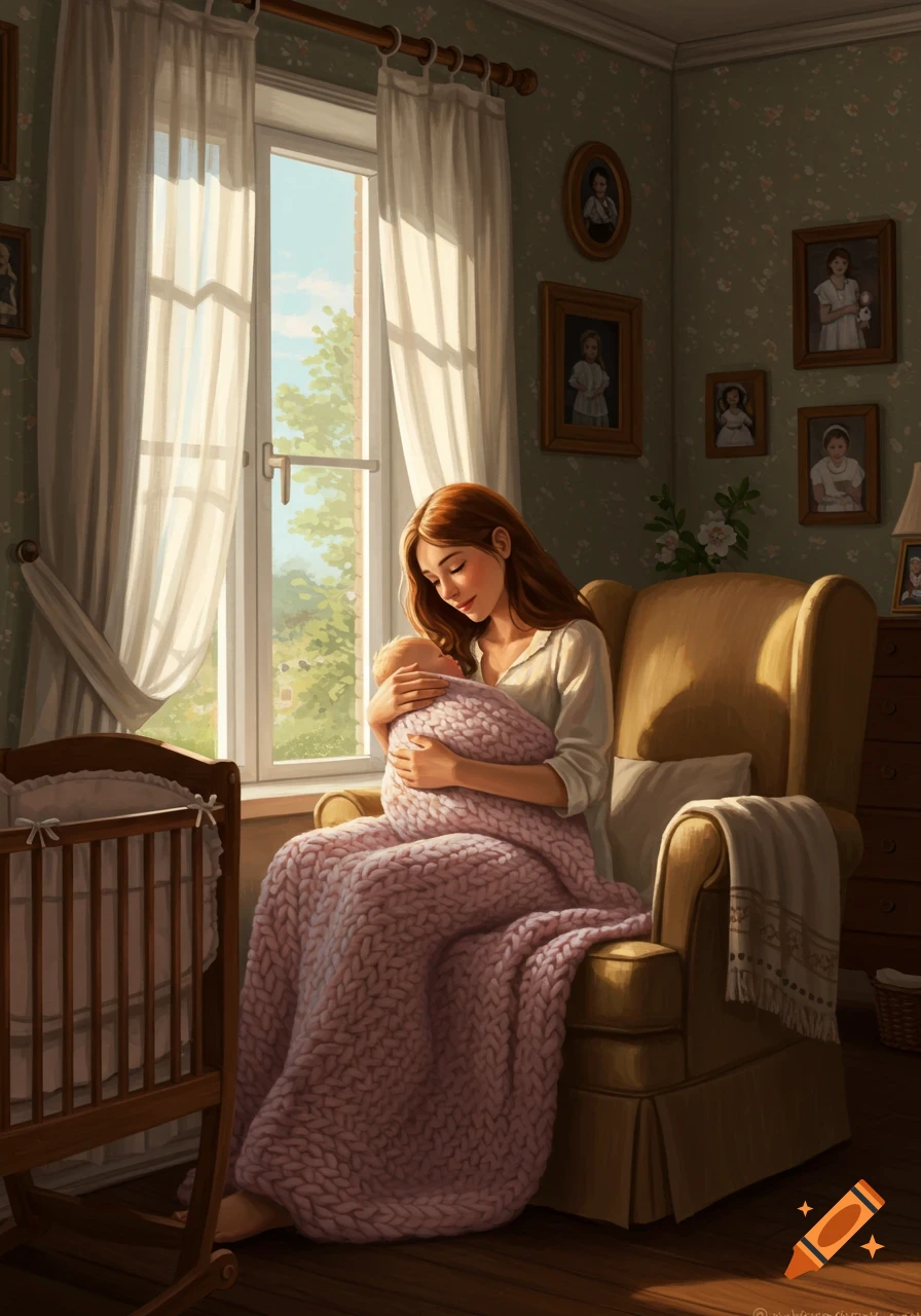 A warm illustration shows a mother in an armchair, gently holding her swaddled baby by a bright window, next to a crib.
