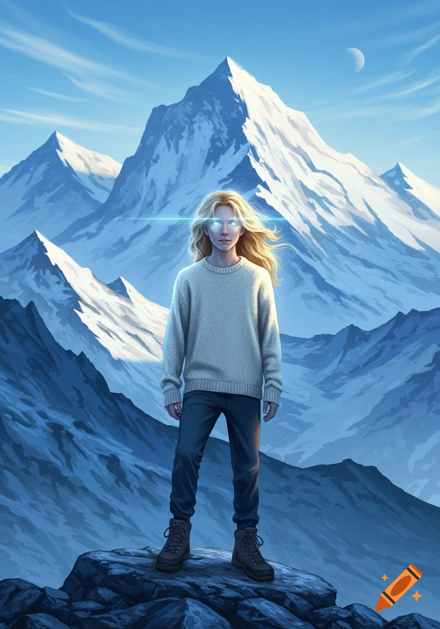 Blond-haired person with glowing blue eyes stands on a mountain rock, surrounded by snowy peaks under a clear sky. Digital art.