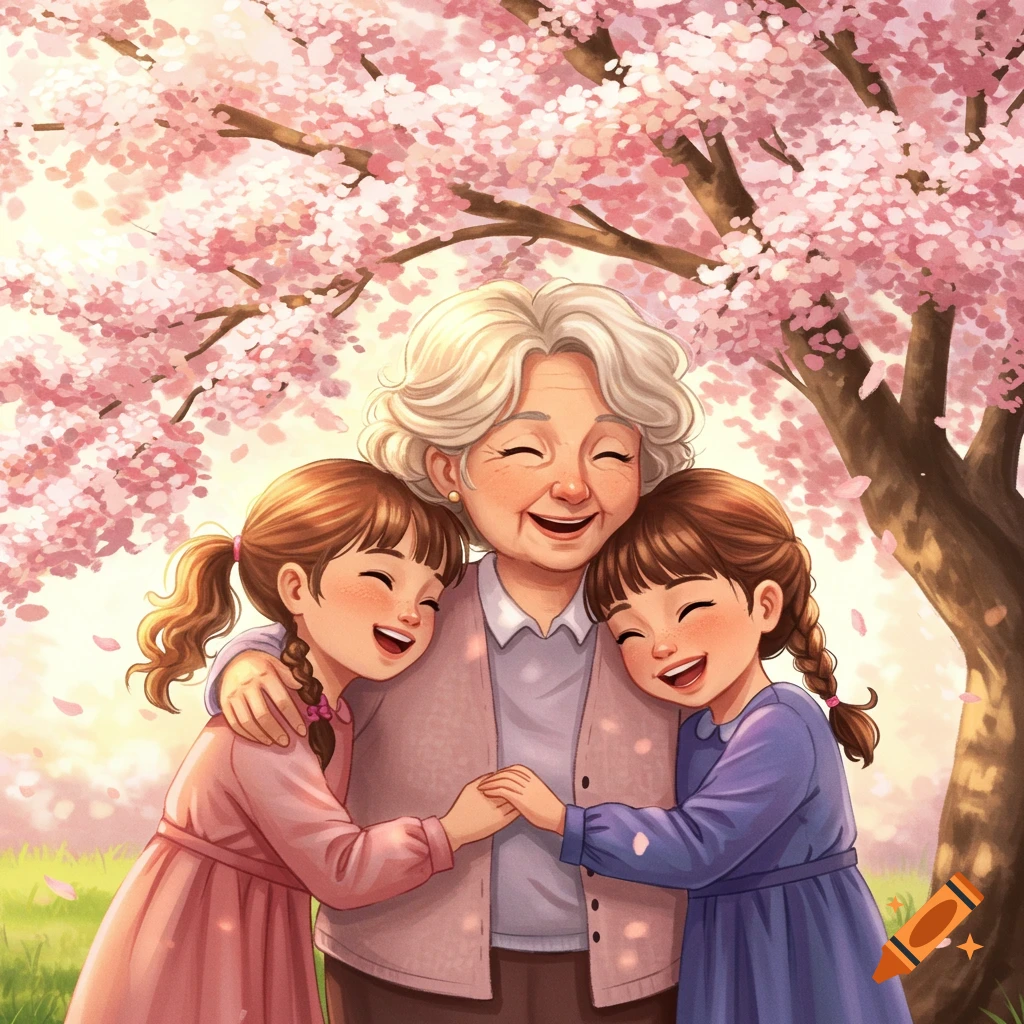 A happy grandmother with white hair hugs two smiling young girls under a pink cherry blossom tree, cartoon style.