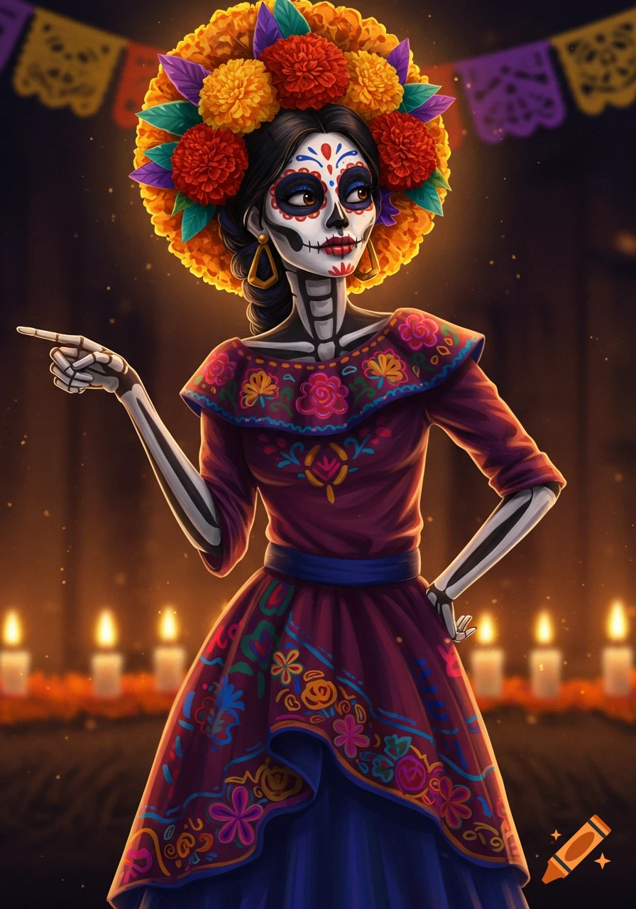 A vibrantly colored Catrina with a sugar skull face, elaborate floral headpiece, and embroidered dress, pointing left.