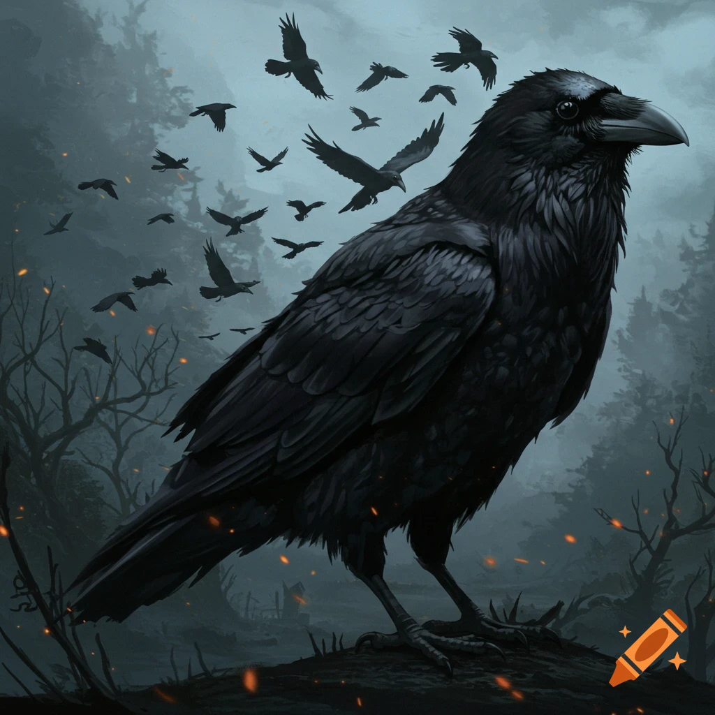 A large black raven stands on a mound with many smaller ravens flying in a dark, misty forest, digital painting.