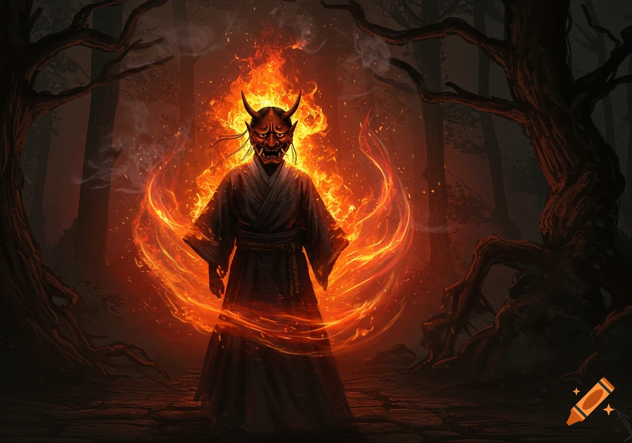 A masked figure in a dark robe stands amidst a fiery aura in a dark forest. Dark fantasy digital art.