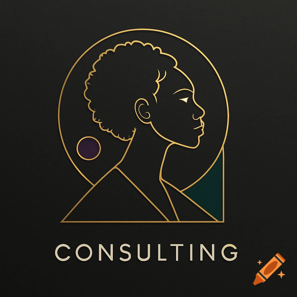 A minimalist gold line art logo of a woman's profile in a circle, with 'CONSULTING' text below, on a dark background.
