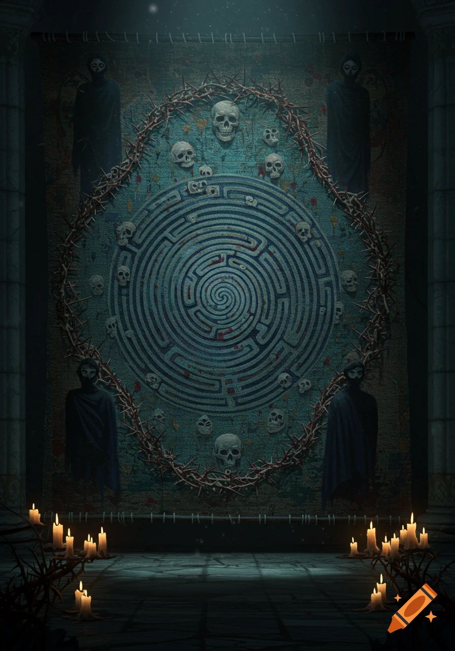 A dark, gothic tapestry with a central labyrinth, surrounded by thorn branches and skulls, flanked by cloaked figures in a candlelit room.