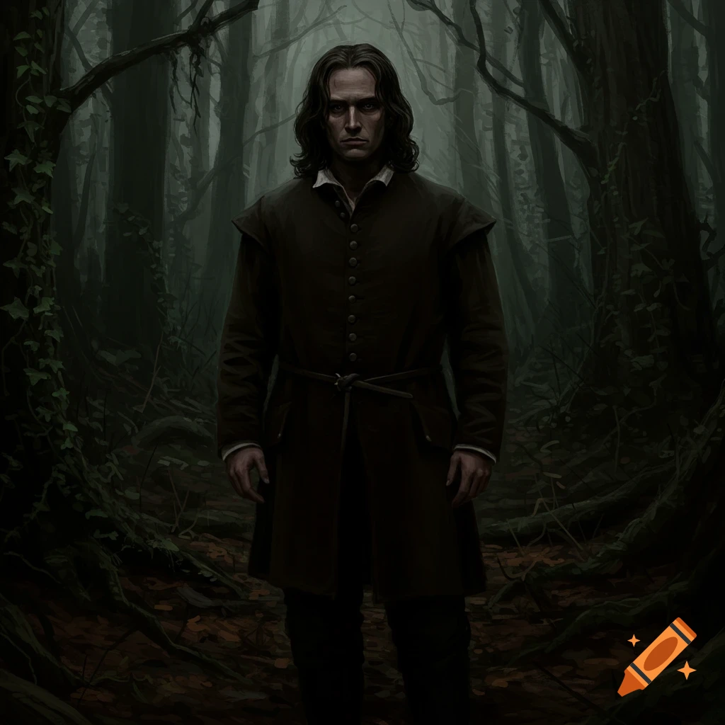 A stern man with long dark hair, dressed in dark colonial attire, stands in a gloomy, dark forest, in the style of an oil painting.