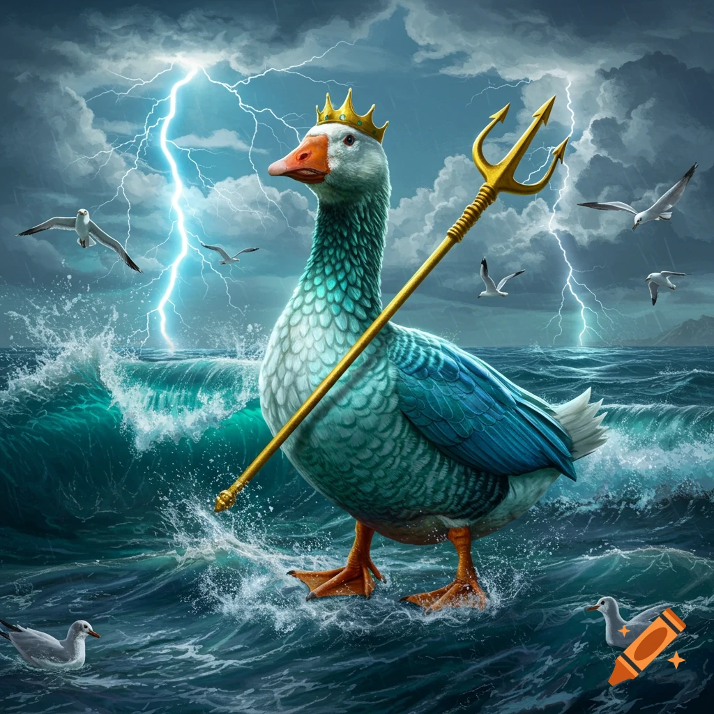 A majestic goose with a golden crown and trident stands in a stormy, turbulent sea with lightning and flying seagulls.