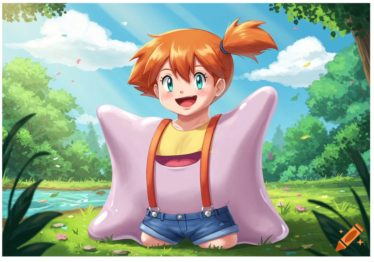 Misty from Pokemon, in a pink blob-like body resembling Ditto, smiles brightly in a sunny green forest with a stream.