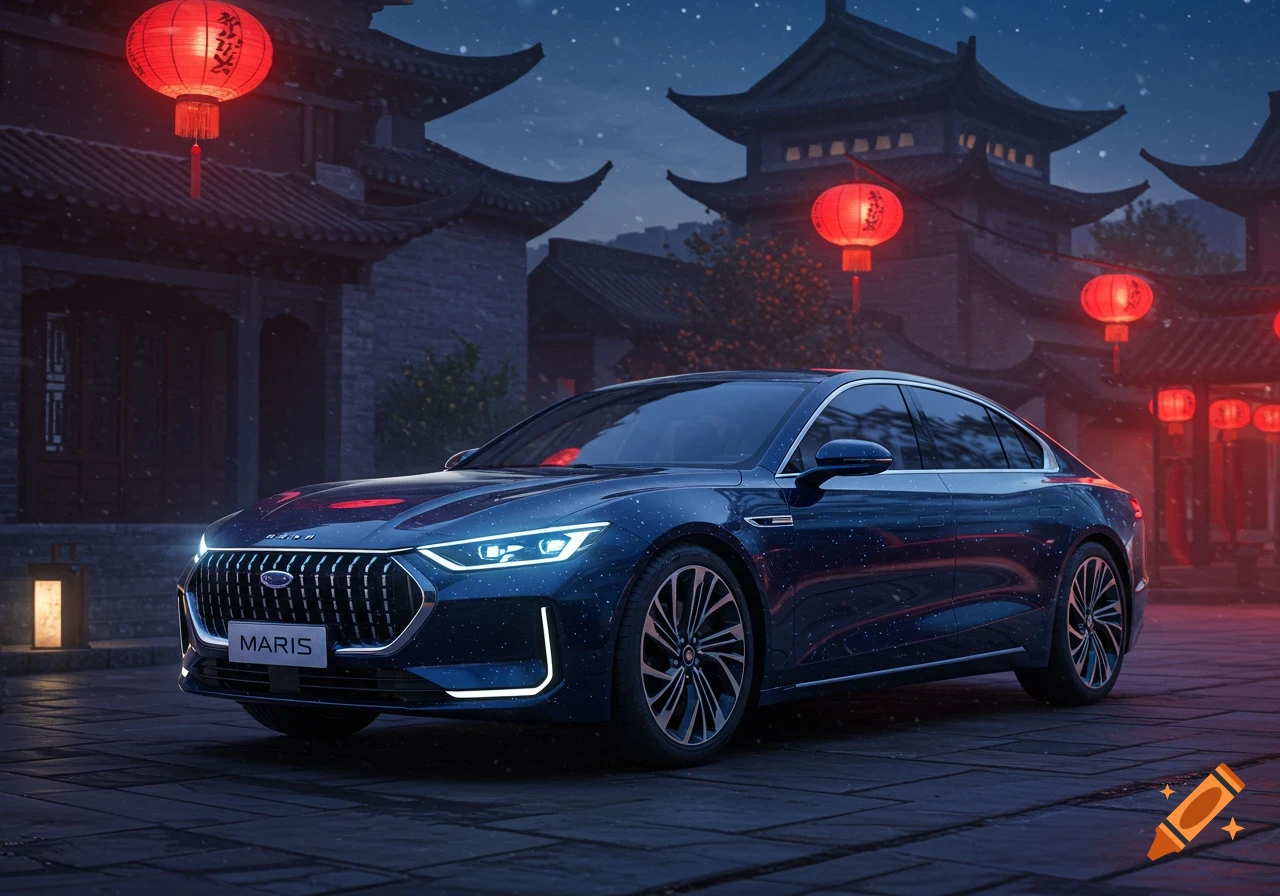 A dark blue car with bright headlights parked at night in front of traditional Chinese buildings adorned with red lanterns, under a starry sky.
